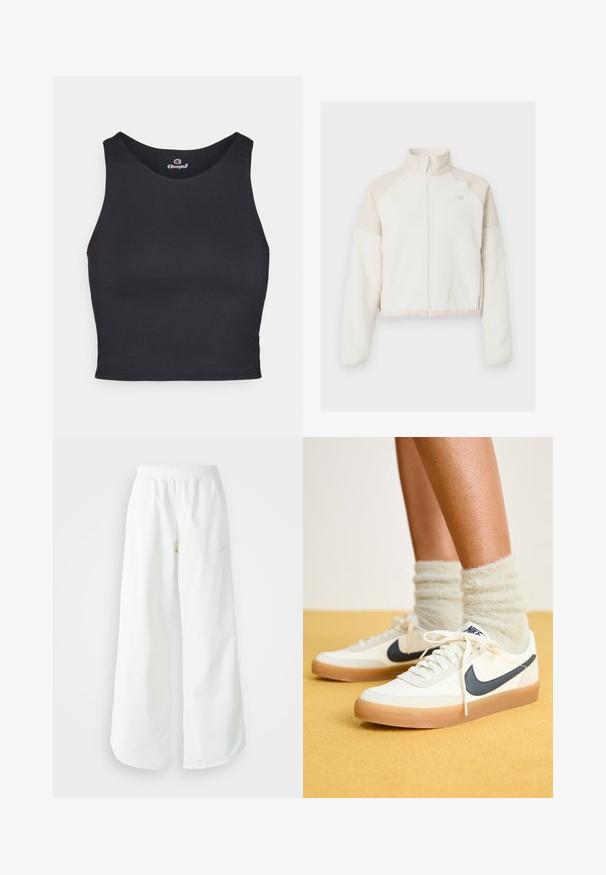Rövidített, világos krémszínű gyapjúpulóver világos bézs részletekkel, teljes cipzárral, magas gallérral és hímezett logóval a mellen. Puha tapintású.; Fekete crop top sima, rugalmas anyagból készült, kerek nyakkivágással és széles vállpántokkal. Nincsenek látható logók vagy díszítések.; Fehér, bő szárú sportnadrág ribbelt derékpánttal és diszkrét logórésszel. Simá szövet, laza szabással és taperált szárral.; Fehér Nike sportcipők sötétkék pálcával, textúrált anyaggal, fehér fűzővel és gumitalppal, bolyhos világoszöld zoknikkal párosítva. Sárga háttér.