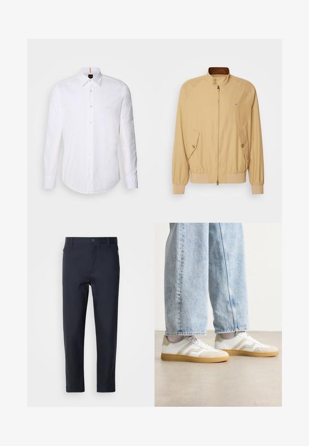 Kaki bomberjakke med glidelås foran, oppstående krage, to sidelommer og ribbestrikkede mansjetter. Glatt tekstur og lett materiale.; Hvit langermet skjorte med knapper laget av bomull, med klassisk krage, subtilt logo nær brystet, og hvite knapper.; Marineblå skreddersydde bukser laget av glatt stoff, med en glidelåslomme, rette ben og knappelukking i midjen.; Hvite sneakers med beige semsket skinn-detaljer og lette gummisåler; har et lavt design og teksturdetaljer på overdelen.