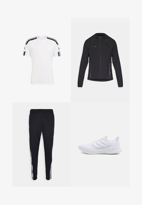Chaqueta deportiva negra con cremallera frontal, capucha con cordón, bolsillos laterales y acentos de logo texturizados. Fabricada con tejido ligero.; Camiseta deportiva blanca con rayas negras en los hombros, fabricada con tejido transpirable. Manga corta y escote redondo.; Pantalones deportivos negros con un ajuste relajado, que cuentan con franjas laterales blancas, una cintura con cordón y dos bolsillos laterales. Hechos de tela suave.; Zapatillas deportivas blancas con una parte superior de malla texturizada, suela acolchada y soporte, y un diseño de tres rayas en el lateral.