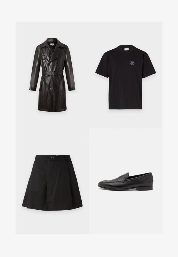 Zwarte leren dubbelgeknoopte trenchcoat met een ceintuur in de taille, puntige kraag en lange mouwen. Vlotte textuur, minimale hardwaredetails.; Zwarte katoenen T-shirt met een ronde hals en korte mouwen. Heeft een klein blauw logo op de linkerkant van de borst. Eenvoudig, recht gesneden ontwerp.; Zwarte A-lijn rok van katoen, met een tailleband met een kleine metalen accenten, plooidetails en een schone zoom.; Zwarte leren herenloafers met een lage hak en een klassiek pennystrap-ontwerp, getoond in zijaanzicht op een witte achtergrond.
