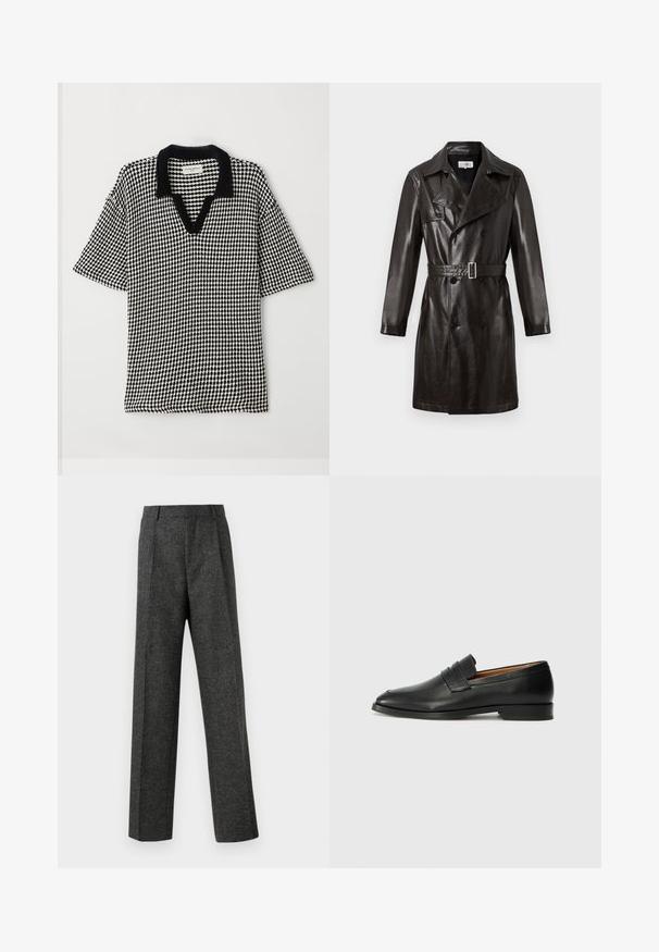 Must musta topelt ridadega vihmamantel, millel on vööga talje, terav krae ja pikad varrukad. Sile tekstuur, minimaalsed metalldetailid.; Mustvalge polo särk, millel on ruuduline muster, V-kaelus ja kontrastne must krae. Lühikesed, laiad varrukad tagavad mugava istuvuse.; Hallidehased hallid püksid tekstureeritud kangast, millel on kaks eesmist voldi ja sirge sääre disain. Pole nähtavaid taskuid ega kaunistusi.; Must musta loafers ümarate varvastega, peene tikandiga ja madala kontsaga, millel on sile tekstuur ja minimalistlik disain.
