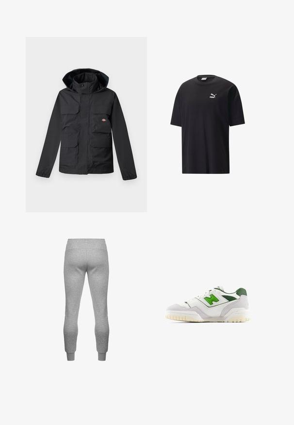 Schwarze wasserdichte Jacke mit Kapuze, ausgestattet mit vier Vorderfronttaschen, einem Reißverschluss und elastischen Bündchen. Glatte Textur, funktionales Design.; Schwarzes Baumwoll-T-Shirt mit kurzen Ärmeln, Rundhalsausschnitt und einem weißen Puma-Logo auf der Brust. Schlichtes und unaufdringliches Design.; Graue Sweatpants mit einem elastischen Bund und engen Bündchen, aus weichem Stoff gefertigt, mit einer glatten Textur und ohne sichtbare Muster.; Weiße Sneaker mit grünen Akzenten, aus Leder und Wildleder gefertigt. Verfügt über eine strukturierte Oberseite, einen gepolsterten Kragen und eine Gummisohle mit sichtbarem Profil.