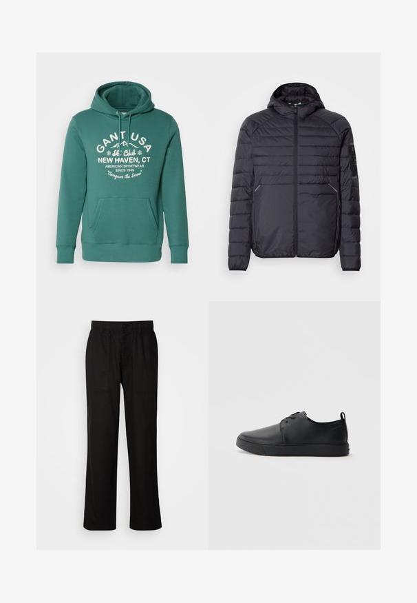 Čierna páperová bunda so zipsom, kapucňou a rebrovanými manžetami. Má panelový dizajn a bočné vrecká, vyrobená z ľahkého syntetického materiálu.; Zelená mikina s kapucňou vyrobená z mäkkého materiálu, s prednou kapsou, sťahovacou kapucňou a bielym textom s logom a detailmi lyžiarskeho klubu.; Čierne nohavice s voľným strihom, vyrobené z ľahkej látky. Majú elastický pás, zapínanie na gombík a dve predné vrecká.; Čierne kožené tenisky s hladkým povrchom, zaoblenou špičkou, tonálnym šitím, šnurovaním vpredu a plochou gumovou podrážkou. Obojok na päte.