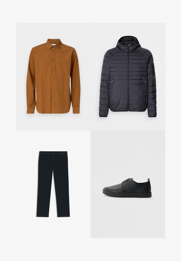 Black puffer jacket with a zip closure, hood, and ribbed cuffs. Features a paneled design and side pockets, made from lightweight synthetic material.; Brown long-sleeve button-up shirt made of smooth fabric, featuring a classic collar and seven front buttons, with straight cuffed sleeves.; Dark navy chinos made from cotton blend fabric. Features belt loops, front pockets, and a zipper fly with button closure.; Black leather sneaker with a smooth finish, rounded toe, tonal stitching, lace-up front, and a flat rubber sole. Loop at the heel.