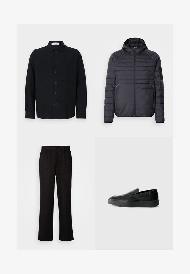 Melnā pūkainā jaka ar rāvējslēdzēju, kapuci un ribinātām piedurknēm. Iekļauj paneļu dizainu un sānu kabatas, izgatavota no viegla sintētiska materiāla.; Melns krekls ar pogām un apkakli, vienu krūšu kabatu, garām piedurknēm un taisnu apakšmali. Izgatavots no raupjas auduma.; Melnas bikses ar brīvu piegriezumu, izgatavotas no viegla auduma. Tām ir elastīga jostasvieta, pogu aizdare un divas priekšējās kabatas.; Calvin Klein HYBRID CUP - Čības - triple black