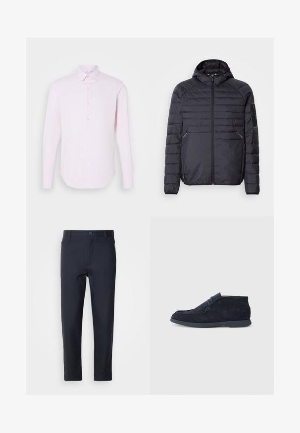 Musternäidisega must puhvjakas, millel on tõmblukk, kapuuts ja soonilised mansetid. Omab paneelstruktuuri ja küljetaskuid, valmistatud kergest sünteetilisest materjalist.; Hele roosa pikade varrukatega särk, millel on nupulukk, punktkaelus ja sile tekstuur. Omab peeneid vertikaalseid ridasid ja kitsast istuvust.; Tumed sinised kohandatud püksid, mis on valmistatud siledast kangast. Neil on lukuga tasku, sirged jalad ja nupuga sulgus vööosas.; Tumesinine nubukist chukka saabas, millel on ümar varvas ja õmmeldud detailid. Omab sujuvat kummist talda ja minimalistikku disaini, millel ei ole nähtavat brändimist.