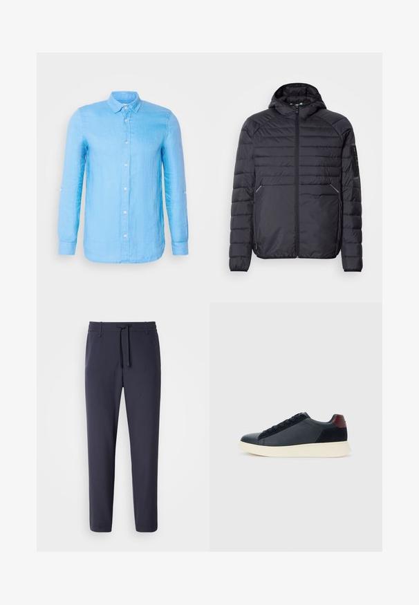 Giacca a vento nera con chiusura a zip, cappuccio e polsini a coste. Presenta un design a pannelli e tasche laterali, realizzata in materiale sintetico leggero.; Camicia azzurro chiaro a maniche lunghe, con bottoni e tessuto texturizzato. Presenta un colletto classico e bottoni bianchi lungo il davanti e i polsini.; Pantaloni jogger blu navy con vita elasticizzata e cordino. Realizzati in materiale liscio, presentano gambe affusolate e nessuna tasca visibile.; Sneaker da uomo a basso profilo in pelle nera e suede con linguetta sul tallone color bordeaux e suola in gomma bianca, vista dal lato esterno.