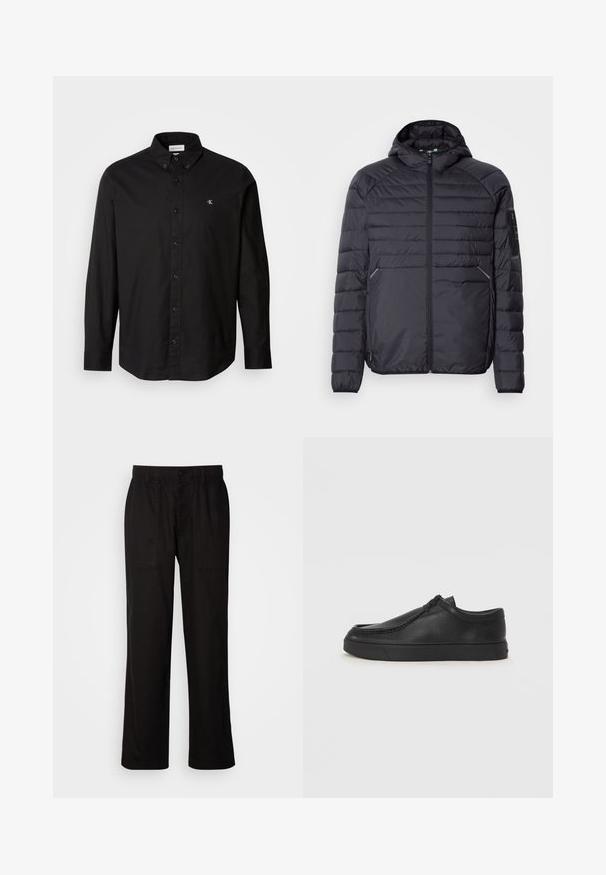 Juoda pūkinė striukė su užtrauktuku, gaubtu ir raukšlėtomis rankogaliais. Yra skyrių dizainas ir šoninės kišenės, pagaminta iš lengvos sintetinės medžiagos.; Juodas marškinėliai su mygtukais pagaminti iš medvilnės, su klasikinio kirpimo apykakle, ilgomis rankovėmis ir mažu CK logotipu kairiajame krūtinės šone.; Juodos kelnės su laisvu siluetu, pagamintos iš lengvos medžiagos. Yra elastingas juosmuo, mygtuko užsegimas ir dvi priekinės kišenės.; Juodos odinės supjamintus batelius su apvaliu pirštu, siuvinėtu akcentu ir juodu guminiu padu. Lygus tekstūra su minimalistišku dizainu.