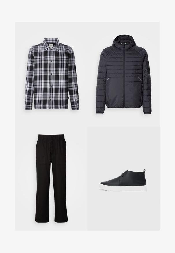 Giacca a vento nera con chiusura a zip, cappuccio e polsini a coste. Presenta un design a pannelli e tasche laterali, realizzata in materiale sintetico leggero.; Camicia a quadri bianca e nera con maniche lunghe, bottone frontale e colletto classico. Tessuto morbido con una consistenza liscia.; Pantaloni neri con vestibilità morbida, realizzati in tessuto leggero. Presentano un elastico in vita, chiusura con bottone e due tasche anteriori.; Sneakers alte in pelle nera con finitura liscia, suola in gomma bianca e un design semplice con lacci. Presentano un occhiello sul retro.