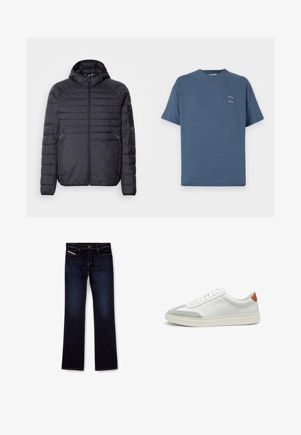 Chaqueta acolchada negra con cierre de cremallera, capucha y puños acanalados. Presenta un diseño de paneles y bolsillos laterales, fabricada en material sintético ligero.; Camiseta de algodón azul con cuello redondo clásico, mangas cortas, corte relajado y dos pequeños logotipos impresos en el pecho. Textura suave.; Jeans de mezclilla de color azul oscuro con corte recto, con costuras naranjas, cremallera en la bragueta y bolsillos delanteros. Textura suave y cinturilla estándar.; Zapatillas de cuero blanco con acentos de ante gris y un refuerzo de cuero marrón claro en el talón. Presentan una superficie texturizada y una suela ligera.