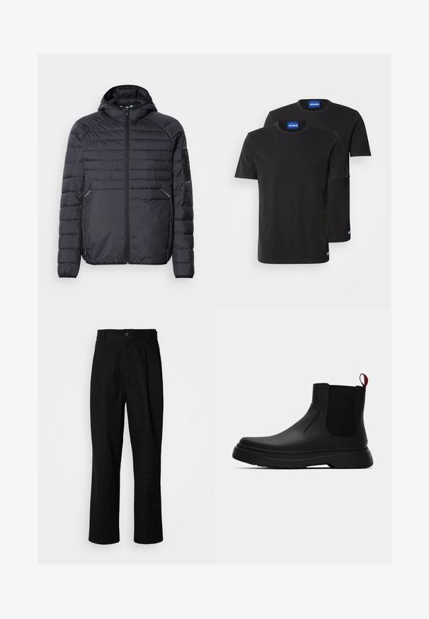 Črna puhovka z zadrgo, kapuco in rebrastimi manšetami. Ima načrt s paneli in stranske žepke ter je izdelana iz lahkega sintetičnega materiala.; Dve črne bombažne majice s kratkimi rokavi in okroglim izrezom, z modrimi oznakami "HUGO" na ovratnikih in stranskih robovih.; Črne hlače ravnega kroja z gumbastim pasom, zanke za pas in sprednjim pregibom, prikazane na enobarvnem belem ozadju.; Črne gležnjarje z gladkim zaključkom, elastičnimi stranskimi paneli in kontrastnim rdečim izvlečnim trakom, ki vključujejo debel gumijast podplat in zaobljen nos.
