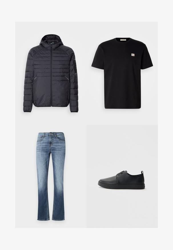 Musternäidisega must puhvjakas, millel on tõmblukk, kapuuts ja soonilised mansetid. Omab paneelstruktuuri ja küljetaskuid, valmistatud kergest sünteetilisest materjalist.; Mustmustärg t-särk lühikeste varrukatega, ümmarguse kaelusega ja väike tikitud logo vasakul rinnal. Sile tekstuur, tavaline sobivus.; Sinine teksapüksid, millel on laienev jalg, kulunud viimistlus, esipocketid, vööloopid ja pronksist nööpkinni. Serva õmmeldud ääred.; Mustaläik nahast spordijalatsid siledaga viimistlusega, ümarate varvastega, sama tooni õmblustega, nööbid ees, ja lamedate kummist tallaga. Kannas aas.