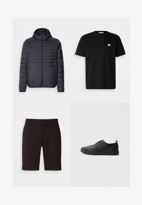 Black puffer jacket with a zip closure, hood, and ribbed cuffs. Features a paneled design and side pockets, made from lightweight synthetic material.; Black cotton t-shirt with short sleeves, crew neck, and a small embroidered logo on the left chest. Smooth texture, regular fit.; Black shorts made of smooth fabric, featuring a button closure, belt loops, and clean lines. Length reaches just above the knee.; Black leather sneaker with a smooth finish, rounded toe, tonal stitching, lace-up front, and a flat rubber sole. Loop at the heel.