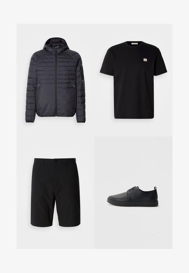 Crna puffer jakna sa zatvaračem, kapuljačom i rebrastim manžetama. Ima panele i bočne džepove, izrađena je od laganog sintetičkog materijala.; Crna pamučna majica s kratkim rukavima, okruglog izreza, s malim izvezenim logotipom na lijevoj strani prsnog koša. Glatka tekstura, regularan kroj.; Crne kratke hlače izrađene od glatkog, laganog materijala. Imaju kopčanje na dugme i čist, ravni kroj bez vidljivih uzoraka.; Crne kožne tenisice s glatkom površinom, zaobljenim vrhom, tonom prošivanja, vezanjem sprijeda i ravnim gumenim potplatom. Oko pete se nalazi učka.