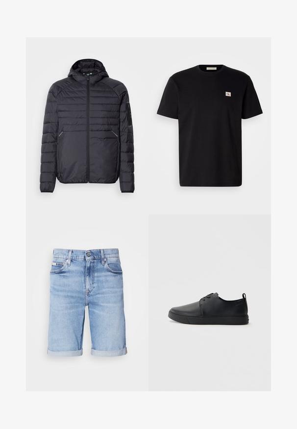 Svart puffjakke med glidelås, hette og ribbestrikkede mansjetter. Den har et paneloppsett og sidelommer, laget av lett syntetisk materiale.; Svart bomull t-skjorte med korte ermer, rund hals og en liten brodert logo på venstre bryst. Glatt tekstur, normal passform.; Lys blå denimshorts med rett snitt, rullet kant, fem lommer og en enkelt knappelukking ved midjen.; Svart lær sneakers med glatt overflate, rund tå, tonede sømmer, snøring foran og flat gummisåle. Løkke på hælen.