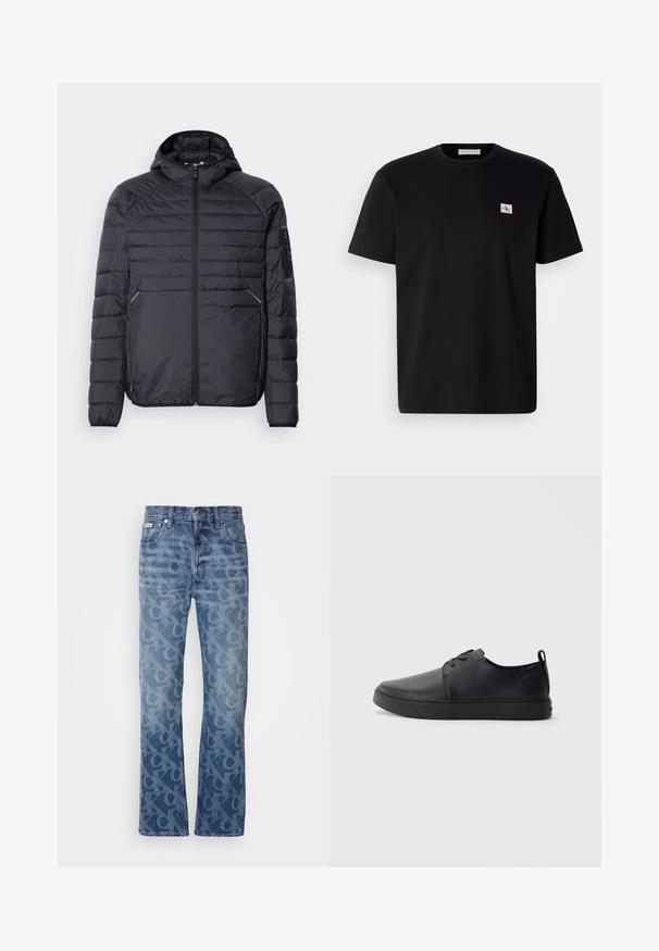 Juoda pūkinė striukė su užtrauktuku, gaubtu ir raukšlėtomis rankogaliais. Yra skyrių dizainas ir šoninės kišenės, pagaminta iš lengvos sintetinės medžiagos.; Juodas medvilnės marškinėliai su trumpomis rankovėmis, apvaliu kaklu ir mažu siuvinėtą logotipu kairėje krūtinės pusėje. Lygi tekstūra, reguliaraus kirpimo.; Šviesiai mėlyni džinsai su toniniu abstrakčiu raštu. Turi tiesią kojų kirpimą, penkis kišenes ir metalinius akcentus.; Juodos odinės sportinės bateliai su lygiu paviršium, suapvalinta nosimi, toniniais siūlais, raištelių užsegimu priekyje ir plokščiu guminiu padu. Kilpelė ant kulno.