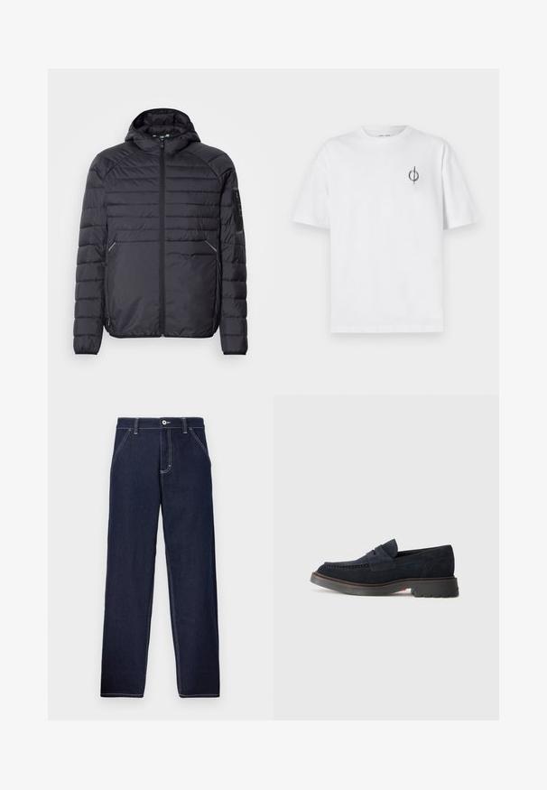Czarna kurtka puchowa z zapięciem na zamek, kapturem i ściągaczami przy mankietach. Oferuje panelowy design oraz boczne kieszenie, wykonana z lekkiego syntetycznego materiału.; Biała bawełniana koszulka o luźnym kroju, z małym czarnym graficznym logo na lewej piersi. Krótkie rękawy, klasyczny okrągły dekolt.; Ciemnoniebieskie dżinsowe spodnie o prostym kroju, z kontrastowym przeszyciem, zapięciem na guziki z przodu oraz tradycyjnym pięcioma kieszeniami.; Granatowe zamszowe mokasyny z okrągłym noskiem, ozdobnym przeszyciem i gumową podeszwą z lekkim uniesieniem. Trwały materiał i konstrukcja.