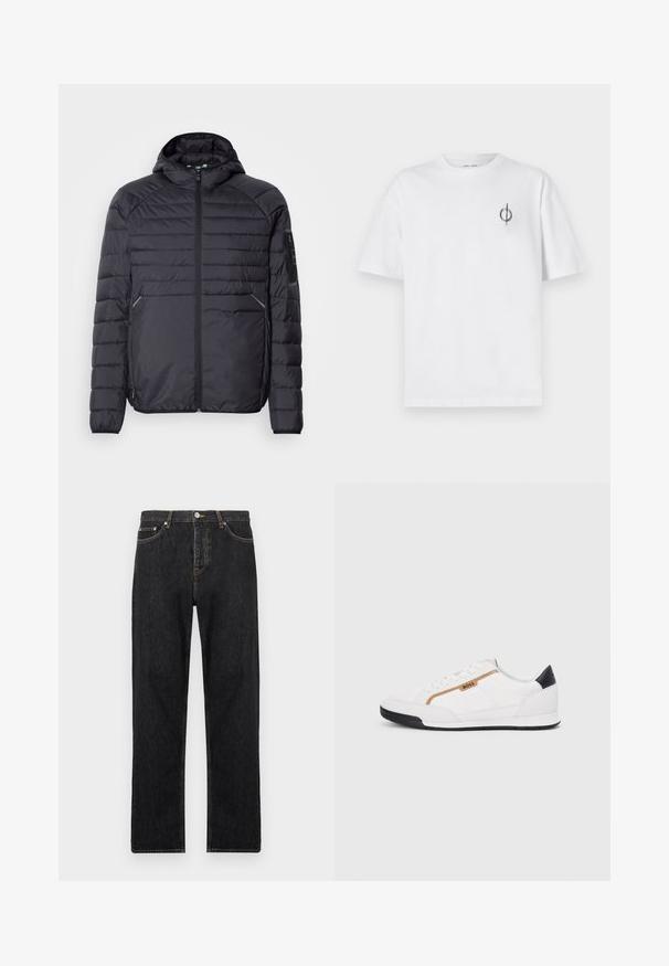 Juoda pūkinė striukė su užtrauktuku, gaubtu ir raukšlėtomis rankogaliais. Yra skyrių dizainas ir šoninės kišenės, pagaminta iš lengvos sintetinės medžiagos.; Balta medvilninė marškinė su laisvu siluetu, su mažą juodą grafiką logotipą kairėje krūtinės pusėje. Trumpomis rankovėmis, apvaliu kaklu.; Juodi džinsai su tiesiu siluetu, turintys mygtukinį užsegimą, penkis kišenes ir subtilius siuvimo akcentus siūlėse.; Balti sportiniai bateliai su tinklinėmis ir odinėmis detalėmis. Yra auksinė "BOSS" logotipas, tekstūruoti šonai ir juodas kulno dangtelis. Guminis padas.