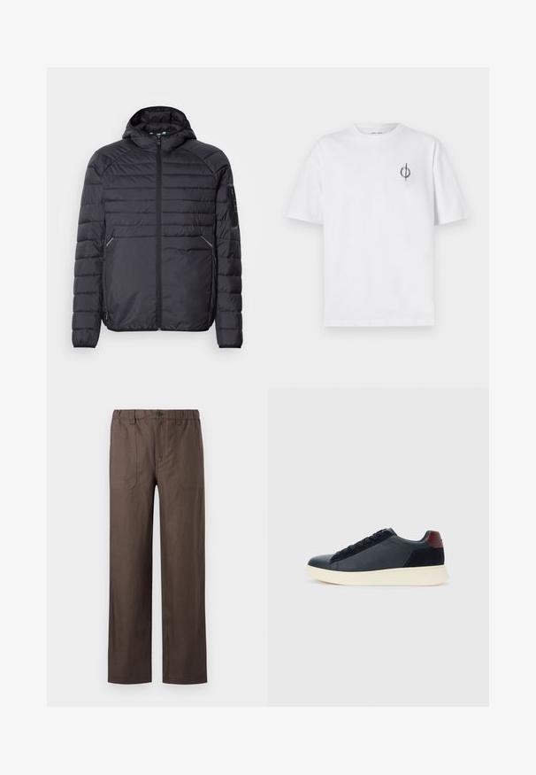 Musternäidisega must puhvjakas, millel on tõmblukk, kapuuts ja soonilised mansetid. Omab paneelstruktuuri ja küljetaskuid, valmistatud kergest sünteetilisest materjalist.; Valge puuvillane t-särk lõdva sobivusega, millel on vasakul rinnal väike must graafiline logo. Lühikesed varrukad, ümmargune kaelus.; Pruunid, laiad püksid, mis on valmistatud kergest kangast. Omavad elastset vöökohta ja kahte esmost taskut, millel on ristkülikukujulised õmblusaktsendid.; Madala stiilis meeste toss mustast nahast ja seemisnahast, marooni värvi kanna detailiga ja valge kummist tallaga, vaatega välisküljelt.