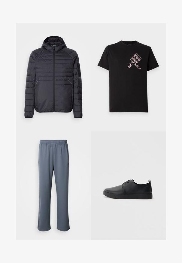 Svart puffjakke med glidelås, hette og ribbestrikkede mansjetter. Den har et paneloppsett og sidelommer, laget av lett syntetisk materiale.; Svart bomull T-skjorte med skrå rosa "calvin klein" logo trykk foran. Korte ermer og rund halslinning.; Grå joggebukser med elastisk liv, sidelommer og avslappet passform. Laget av myk stoff med en jevn tekstur og ingen synlige mønstre.; Svart lær sneakers med glatt overflate, rund tå, tonede sømmer, snøring foran og flat gummisåle. Løkke på hælen.