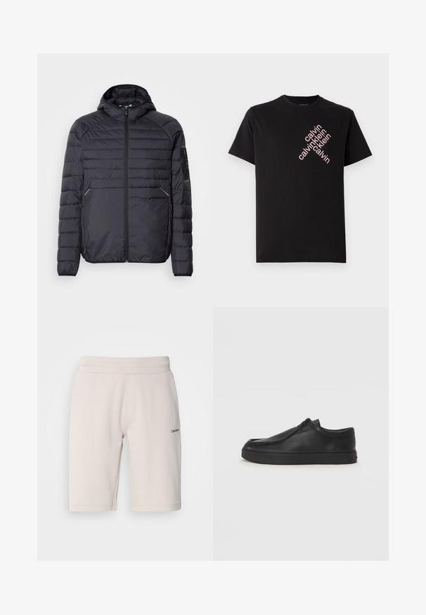 Svart puffjakke med glidelås, hette og ribbestrikkede mansjetter. Den har et paneloppsett og sidelommer, laget av lett syntetisk materiale.; Svart bomull T-skjorte med skrå rosa "calvin klein" logo trykk foran. Korte ermer og rund halslinning.; Lys beige treningsshorts laget av bomullsblanding, med elastisk midjebånd, sidelommer og liten svart logo-detalj på det ene benet.; Sorte skinnsko uten snøring med rund tå, sydd detaljer og svart gummisåle. Glatt tekstur med minimalistisk design.