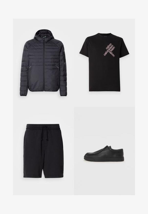 Schwarze Puffjacke mit Reißverschluss, Kapuze und gerippten Bündchen. Verfügt über ein abgestuftes Design und seitliche Taschen, aus leichtem synthetischen Material gefertigt.; Schwarzes Baumwoll-T-Shirt mit einem diagonalen pinken "calvin klein" Logo-Druck auf der Vorderseite. Kurze Ärmel und runder Ausschnitt.; Schwarze Baumwollshorts mit elastischem Bund und Kordelzug. Verfügt über seitliche Taschen und dezente, eingebettete Markenkennzeichnung am unteren linken Bein.; Schwarze Leder-Schlupfschuhe mit runder Zehenform, genähten Details und schwarzer Gummisohle. Glatte Textur mit minimalistischem Design.
