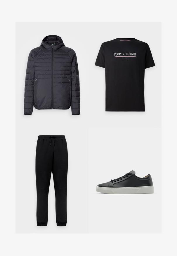 Chaqueta acolchada negra con cierre de cremallera, capucha y puños acanalados. Presenta un diseño de paneles y bolsillos laterales, fabricada en material sintético ligero.; Camiseta de algodón negra con un logo "TOMMY HILFIGER" en blanco y colorido, con "NEW YORK" y "1985" en texto más pequeño debajo. Mangas cortas, cuello redondo.; Pantalones de chándal negros hechos de una tela suave, con cintura elástica, cordón ajustable y puños ajustados en los tobillos.; Zapatilla negra de cuero con textura suave, punta redonda y cordones negros. Presenta una gruesa suela de goma blanca con sutiles acentos geométricos.