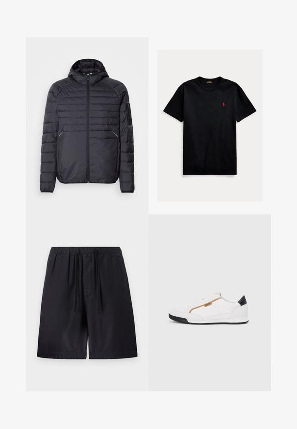 Veste doudoune noire avec fermeture éclair, capuche et poignets côtelés. Avec un design en panneaux et des poches latérales, fabriquée en matériau synthétique léger.; T-shirt en coton noir à manches courtes, col rond, avec un petit logo rouge sur la poitrine gauche. Texture lisse, coupe standard.; Shorts noirs avec une taille élastique, dotés d'un cordon de serrage, de poches latérales et d'un tissu léger pour plus de confort. Coutures visibles.; Baskets blanches avec des accents en maille et en cuir. Caractéristiques d'un logo "BOSS" doré, de panneaux latéraux texturés et d'un capuchon de talon noir. Semelle en caoutchouc.