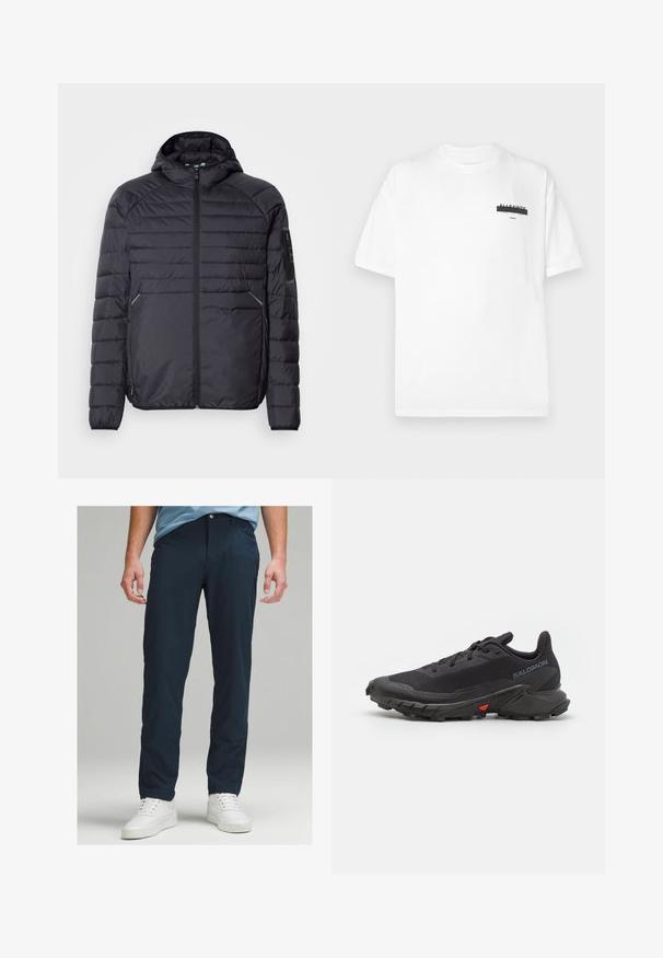 Čierna páperová bunda so zipsom, kapucňou a rebrovanými manžetami. Má panelový dizajn a bočné vrecká, vyrobená z ľahkého syntetického materiálu.; Biele bavlnené tričko s okrúhlym výstrihom, krátkymi rukávmi a minimálnou čiernou grafikou potlačenou na hrudi. Mäkká textúra a štandardný strih.; Námornícka modrá, ľahké nohavice so štýlovým dizajnom. Obsahujú zipsový uzáver, predné vrecká a hladkú textúru. Skombinované s bielymi teniskami.; Čierne trailové bežecké topánky s priedušným zvrškom, textúrovanou tkaninou, červeným akcentom na podrážke a agresívnym vzorom na tread pre lepšiu priľnavosť.