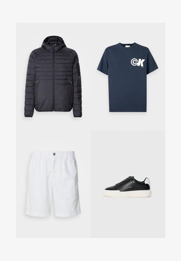 Črna puhovka z zadrgo, kapuco in rebrastimi manšetami. Ima načrt s paneli in stranske žepke ter je izdelana iz lahkega sintetičnega materiala.; Modra mornarsko modra majica s kratkimi rokavi in okroglim izrezom z belim logotipom CK in napisom "Calvin Klein" na levi strani prsnega koša.; Beli laneni šortsi z elastiko v pasu in kovinsko gumb. Imajo dve stranski žepki in sproščen kroj.; Črne usnjene športne copate z belim gumijastim podplatom. Imajo okroglo konico, vezalko ter logotip na strani. Zadnji del je poudarjen v beli barvi.