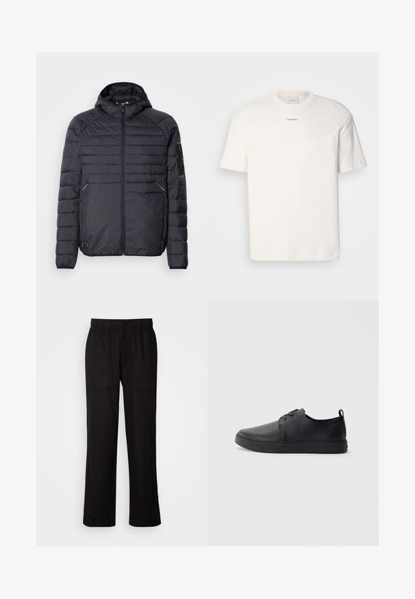 Svart puffjakke med glidelås, hette og ribbestrikkede mansjetter. Den har et paneloppsett og sidelommer, laget av lett syntetisk materiale.; Hvit bomulls T-skjorte med rund hals, korte ermer og brodert "Calvin Klein" logo i midten av brystet. Enkel design.; Svart bukser med avslappet passform, laget av lett stoff. Har elastisk midjebånd, knapplukking og to frontlommer.; Svart lær sneakers med glatt overflate, rund tå, tonede sømmer, snøring foran og flat gummisåle. Løkke på hælen.