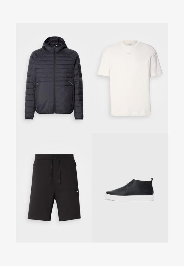 Svart puffjakke med glidelås, hette og ribbestrikkede mansjetter. Den har et paneloppsett og sidelommer, laget av lett syntetisk materiale.; Hvit bomulls T-skjorte med rund hals, korte ermer og brodert "Calvin Klein" logo i midten av brystet. Enkel design.; Sorte shorts laget av mykt stoff, med elastisk midjebånd og snor, sidelommer og en liten logo på venstre side.; Svart skinnhøye sneakers med glatt finish, hvit gummisole og enkelt snøringdesign. Har en løftestropp bak.