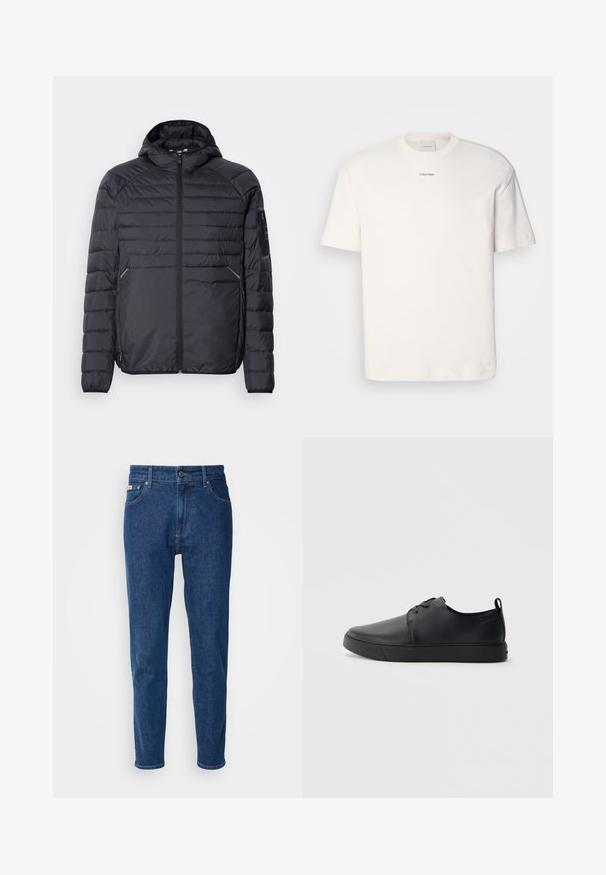 Juoda pūkinė striukė su užtrauktuku, gaubtu ir raukšlėtomis rankogaliais. Yra skyrių dizainas ir šoninės kišenės, pagaminta iš lengvos sintetinės medžiagos.; Balta medvilninė marškinėlių suapvalintu kaklu, trumpomis rankovėmis ir siuvinėtu "Calvin Klein" logotipu krūtinės centre. Paprastas dizainas.; Mėlyni džinsai su tiesiomis klešnėmis, turintys mygtuko uždarymą, penkias kišenes ir geltonas siūles palei siūles. Minkšta tekstūra ir vidutinio svorio.; Juodos odinės sportinės bateliai su lygiu paviršium, suapvalinta nosimi, toniniais siūlais, raištelių užsegimu priekyje ir plokščiu guminiu padu. Kilpelė ant kulno.