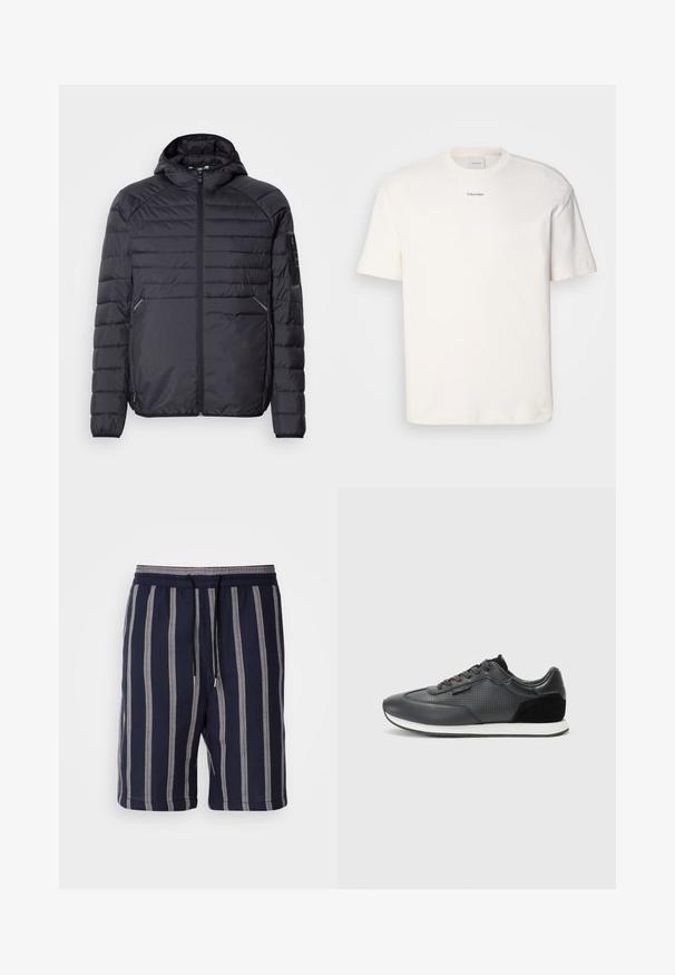 Čierna páperová bunda so zipsom, kapucňou a rebrovanými manžetami. Má panelový dizajn a bočné vrecká, vyrobená z ľahkého syntetického materiálu.; Biely bavlnený tričko s okrúhlym výstrihom, krátkymi rukávmi a vyšívaným logom "Calvin Klein" na strede hrude. Jednoduchý dizajn.; Námornícke modré šortky s vertikálnymi svetlosivými prúžkami, elastický pás so sťahovacou šnúrkou, dĺžka po kolená, vyrobené z textúrovanej látky.; Čierne športové tenisky s koženým zvrškom a perforovanými detailmi, zamšovými akcentmi a bielou gumovou podrážkou. Klasický dizajn na šnurovanie.