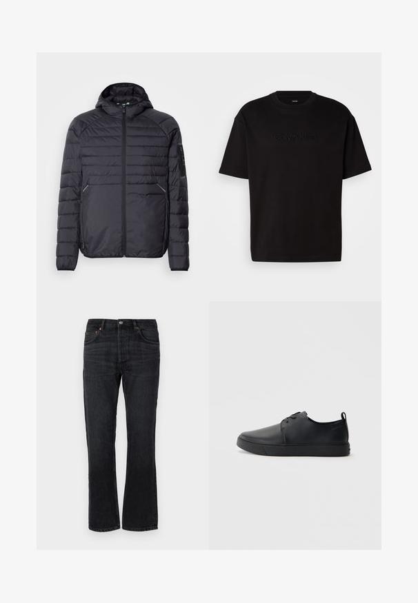 Musternäidisega must puhvjakas, millel on tõmblukk, kapuuts ja soonilised mansetid. Omab paneelstruktuuri ja küljetaskuid, valmistatud kergest sünteetilisest materjalist.; Must muströöpidega must puuvillane t-särk, millel on esiküljel reljeefne "Calvin Klein" logo, ümmargune kaelus ja lõdvestunud istuvus.; Mustad denim püksid sirge säärega, viie taskuga ja oranžide tikandite aktsentidega. Sile tekstuur ja minimaalne pleekimise detail.; Mustaläik nahast spordijalatsid siledaga viimistlusega, ümarate varvastega, sama tooni õmblustega, nööbid ees, ja lamedate kummist tallaga. Kannas aas.