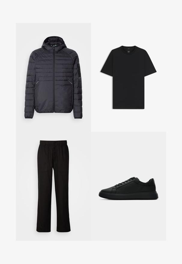 Schwarze Puffjacke mit Reißverschluss, Kapuze und gerippten Bündchen. Verfügt über ein abgestuftes Design und seitliche Taschen, aus leichtem synthetischen Material gefertigt.; Schwarz T-Shirt mit kurzen Ärmeln aus einem glatten Baumwollmix, mit Rundhalsausschnitt und einem minimalistischen Design ohne Muster oder Akzente.; Schwarze Hose mit entspannter Passform, aus leichtem Stoff gefertigt. Verfügt über einen elastischen Bund, einen Knopfverschluss und zwei Fronttaschen.; Schwarze Low-Top Sneakers mit tonalem "CK"-Muster, schnürbarem Design und dicker Sohle auf einem weißen Hintergrund.