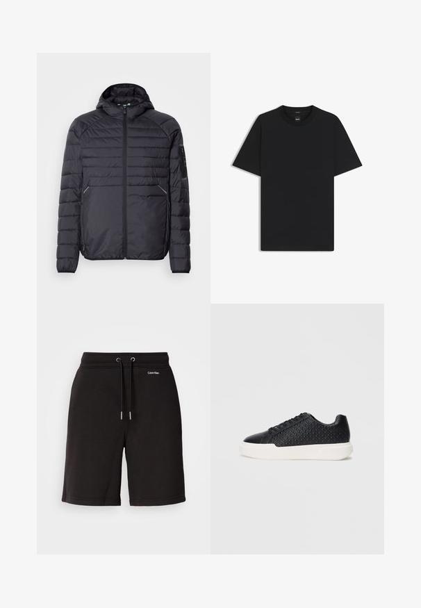 Svart puffjacka med dragkedja, huva och ribbade ärmslut. Har ett paneldesign och sidofickor, tillverkad av lätt syntetiskt material.; Svart kortärmad T-shirt i en mjuk bomullsblandning, med rundad halsringning och en minimalistisk design utan mönster eller detaljer.; Svarta bomullsshorts med dragsko i midjan, prydda med silverfärgad metall. Accenterade med logotext i vitt, har de en mjuk yta och avslappnad passform.; Svart sneaker med geometrisk struktur på sidan, slät tåparti och en vit gummisula. Har runda snören och en låg design.