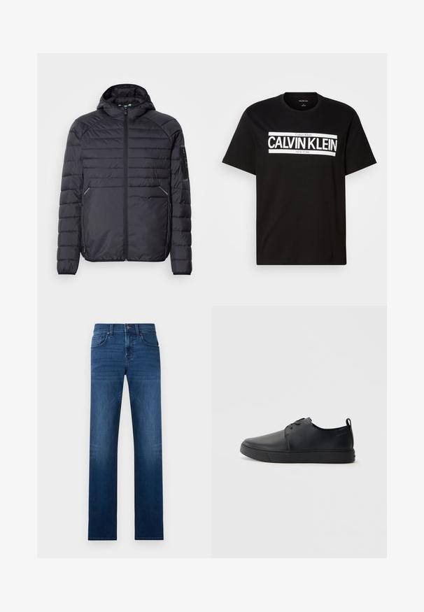 Black puffer jacket with a zip closure, hood, and ribbed cuffs. Features a paneled design and side pockets, made from lightweight synthetic material.; Black short-sleeve T-shirt with white "CALVIN KLEIN NEW YORK" logo centered on the chest, crew neckline, and medium size label inside collar.; Dark blue denim jeans with a straight leg cut, featuring five pockets, a front button closure, and subtle whiskering details.; Black leather sneaker with a smooth finish, rounded toe, tonal stitching, lace-up front, and a flat rubber sole. Loop at the heel.
