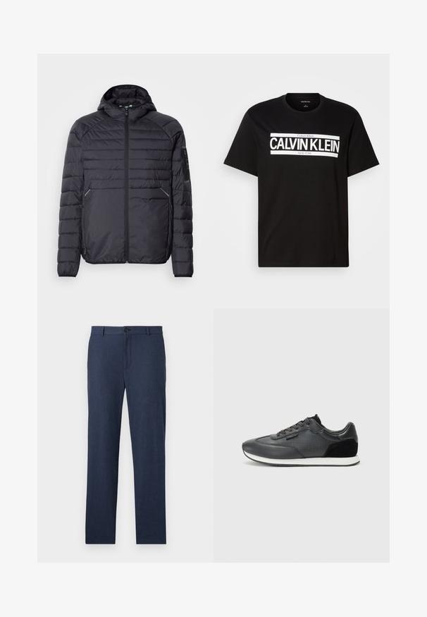 Casaco puffer preto com fecho zip, capuz e punhos canelados. Apresenta um design em painéis e bolsos laterais, feito de material sintético leve.; T-shirt preta de manga curta com o logo branco "CALVIN KLEIN NEW YORK" centrado no peito, decote redondo e etiqueta de tamanho médio dentro do colarinho.; Calças azul marinho feitas de um tecido texturizado com um design de perna reta, apresentando um fecho frontal com botão e sem bolsos visíveis.; Sapatilhas atléticas negras com parte superior em couro com detalhes perfurados, acabamentos em camurça e sola de borracha branca. Design clássico com atacadores.