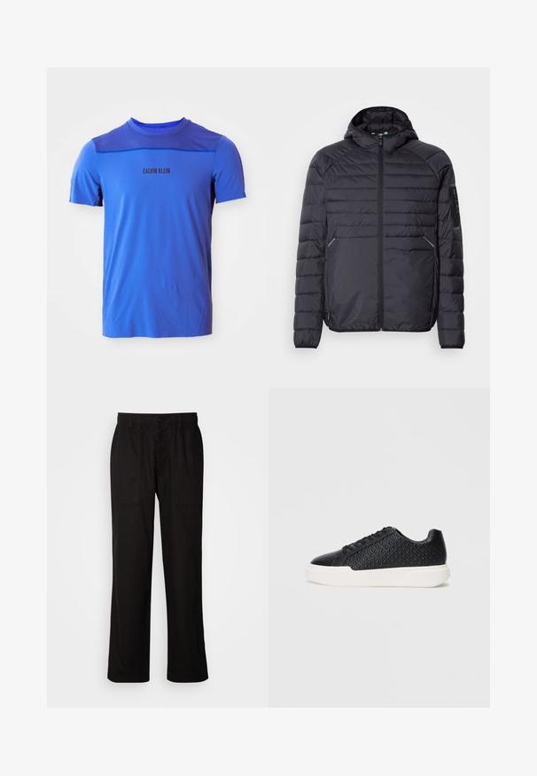 Musternäidisega must puhvjakas, millel on tõmblukk, kapuuts ja soonilised mansetid. Omab paneelstruktuuri ja küljetaskuid, valmistatud kergest sünteetilisest materjalist.; Sinine sportlik t-särk ümmarguse kaelusega, võrgukangast õlgadel ja musta värviga prinditud "CALVIN KLEIN" logo. Sile tekstuur.; Mustad lõdva istuvusega mustad püksid, mis on valmistatud kergest kangast. Omavad elastset vöökohta, nööbiga sulgemist ja kahte esist taskut.; Must have geomeetrilise tekstuuriga must spordijalats külgedel, siledaga varbakattega ja valge kummitald. Omab ümmarguseid paelu ja madalat disaini.