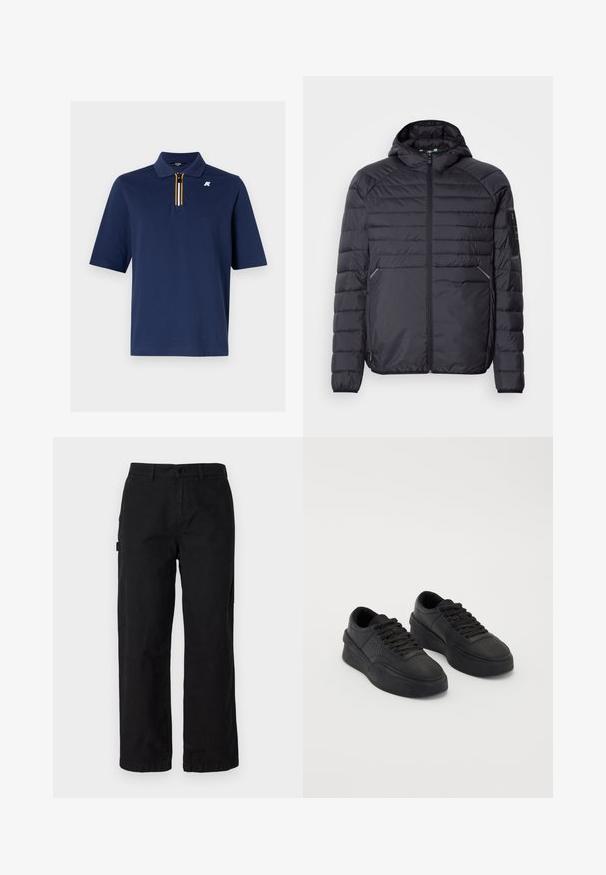 Czarna kurtka puchowa z zapięciem na zamek, kapturem i ściągaczami przy mankietach. Oferuje panelowy design oraz boczne kieszenie, wykonana z lekkiego syntetycznego materiału.; Granatowa koszulka polo wykonana z bawełny, z krótkim zamkiem i detalami w postaci żółtych, białych i czarnych pasków. Na piersi znajduje się małe logo.; Czarne bawełniane spodnie cargo z prostą nogawką, wyposażone w kieszenie boczne i zapięcie na guzik z przodu. Trwały materiał o gładkiej teksturze.; Czarne sneakersy wykonane z gładkiej skóry z amortyzującą podeszwą. Wśród cech znajdują się płaskie sznurowadła, perforacje na nosku oraz smukła sylwetka.