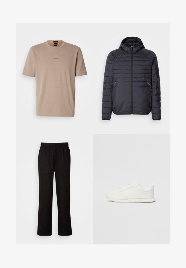 Black puffer jacket with a zip closure, hood, and ribbed cuffs. Features a paneled design and side pockets, made from lightweight synthetic material.; Beige short-sleeve crew neck T-shirt with "BOSS" logo centered on the chest, displayed against a plain light background.; Black pants with a relaxed fit, made from lightweight fabric. Features an elastic waistband, button closure, and two front pockets.; White sneaker with a mesh and synthetic upper, round toe, flat laces, and a textured side stripe. Rubber sole with a pull tab at the back.