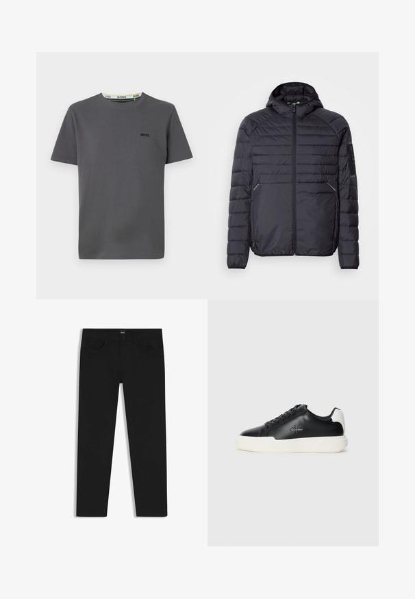 Black puffer jacket with a zip closure, hood, and ribbed cuffs. Features a paneled design and side pockets, made from lightweight synthetic material.; Gray short-sleeve t-shirt made of cotton, featuring a crew neck with a logo accent on the left chest and a contrasting inner neck label.; Black denim trousers with a straight cut, featuring a standard waistband, five pockets, and a button closure. Smooth texture throughout.; Black leather sneakers with white rubber sole. Features round toe, lace-up design, and logo detail on the side. Rear accent in white.