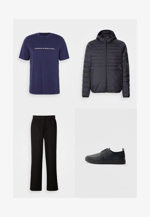 Musternäidisega must puhvjakas, millel on tõmblukk, kapuuts ja soonilised mansetid. Omab paneelstruktuuri ja küljetaskuid, valmistatud kergest sünteetilisest materjalist.; Tumesinine puuvillane T-särk lühikeste varrukatega, ümmargune kaelaaugu ja valge tekstiga "BARBOUR INTERNATIONAL", mis on trükitud rinna peale.; Mustad lõdva istuvusega mustad püksid, mis on valmistatud kergest kangast. Omavad elastset vöökohta, nööbiga sulgemist ja kahte esist taskut.; Mustaläik nahast spordijalatsid siledaga viimistlusega, ümarate varvastega, sama tooni õmblustega, nööbid ees, ja lamedate kummist tallaga. Kannas aas.
