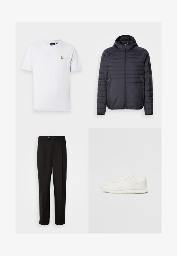 Juoda pūkinė striukė su užtrauktuku, gaubtu ir raukšlėtomis rankogaliais. Yra skyrių dizainas ir šoninės kišenės, pagaminta iš lengvos sintetinės medžiagos.; Balta trumpa Rankove T-marškiniai, pagaminti iš medvilnės, su mažu geltonu užsiūtu logotipu ant krūtinės, apvaliu iškirpimu ir klasikinio kirpimo.; Juodos kelnės su lygiu paviršiumi, tiesaus kirpimo, su dviem priekinių kišenių ir vieno mygtuko uždarymu juosmenyje.; Balti sportbačiai su tinkline ir sintetine viršutine dalimi, apvaliu nosiu, plokščiomis raištelėmis ir tekstūruota šonine juosta. Guma, kurios padas su vilkimo kilpute gale.