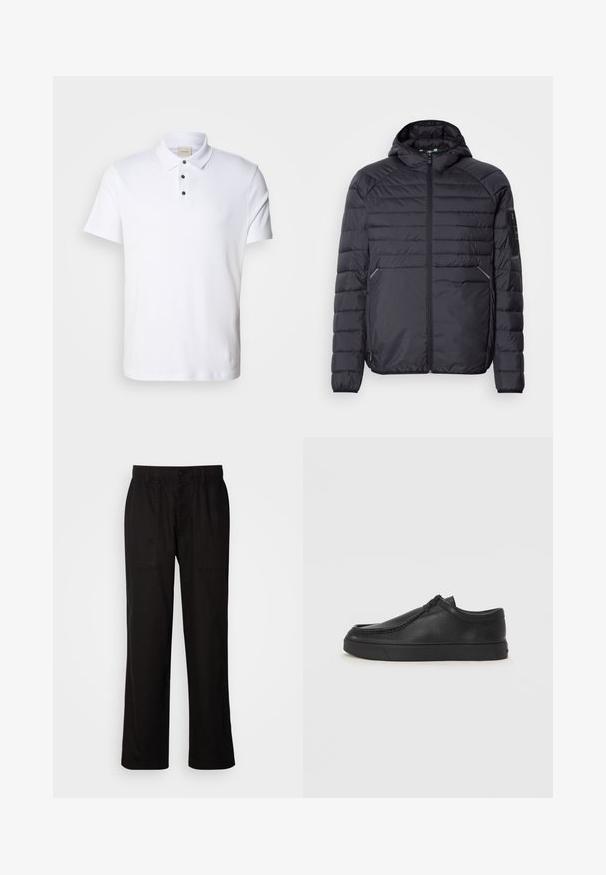 Svart puffjakke med glidelås, hette og ribbestrikkede mansjetter. Den har et paneloppsett og sidelommer, laget av lett syntetisk materiale.; Hvit polo skjorte laget av bomull, med krage, tre-knaps placket med svarte knapper, og subtil logo detalj på brystet.; Svart bukser med avslappet passform, laget av lett stoff. Har elastisk midjebånd, knapplukking og to frontlommer.; Sorte skinnsko uten snøring med rund tå, sydd detaljer og svart gummisåle. Glatt tekstur med minimalistisk design.