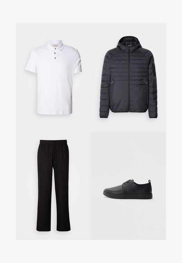 Juoda pūkinė striukė su užtrauktuku, gaubtu ir raukšlėtomis rankogaliais. Yra skyrių dizainas ir šoninės kišenės, pagaminta iš lengvos sintetinės medžiagos.; Balta polo marškinėliai, pagaminti iš medvilnės, su apykakle, trimis mygtukais juoda spalva ir subtiliu logotipo akcentu krūtinės srityje.; Juodos kelnės su laisvu siluetu, pagamintos iš lengvos medžiagos. Yra elastingas juosmuo, mygtuko užsegimas ir dvi priekinės kišenės.; Juodos odinės sportinės bateliai su lygiu paviršium, suapvalinta nosimi, toniniais siūlais, raištelių užsegimu priekyje ir plokščiu guminiu padu. Kilpelė ant kulno.