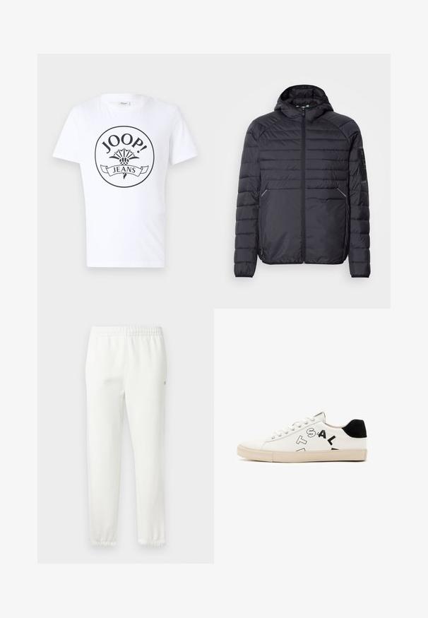 Juoda pūkinė striukė su užtrauktuku, gaubtu ir raukšlėtomis rankogaliais. Yra skyrių dizainas ir šoninės kišenės, pagaminta iš lengvos sintetinės medžiagos.; Balta medvilninė marškinėliai su apvaliu juodu logotipu, kuriame yra tekstas "JOOP!" ir "JEANS", centrinėje krūtinės dalyje, papuošti gėlių raštu.; Baltos medvilnės sportinės kelnės su elastingu juosmeniu ir siaurėjančiomis kojomis. Šone yra nedidelis logotipo detalė. Minkšta struktūra, minimalus dizainas.; Balta odinė sportinė avalynė su juodais akcentais ant kulno, ant šono yra drąsus juodas užrašas ir guma. Minimalistinis dizainas.