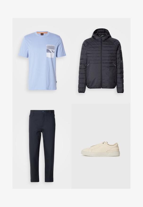 Melnā pūkainā jaka ar rāvējslēdzēju, kapuci un ribinātām piedurknēm. Iekļauj paneļu dizainu un sānu kabatas, izgatavota no viegla sintētiska materiāla.; Gaiši zils T-krekls no mīksta kokvilnas, ar krūšu kabatu, kurā ir melnbalts grafiskais dizains. Īsas piedurknes un apaļa kakla izgriezums.; Navy zila piegrieztu bikses no gludas auduma, ar rāvējo jāšanu kabatu, taisnām kājām un pogu aizdari jostasvietā.; Bežīga ādas kedas ar noapaļotu purngalu, minimālistisku dizainu, smalkiem stīgām un teksturētu virsmu uz gaišas zoles.