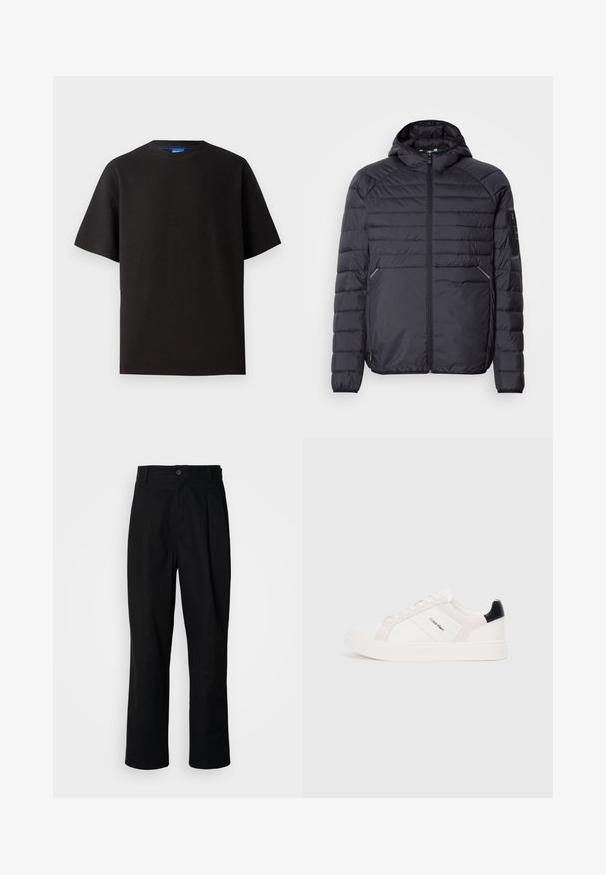 Casaco puffer preto com fecho zip, capuz e punhos canelados. Apresenta um design em painéis e bolsos laterais, feito de material sintético leve.; T-shirt preta com mangas curtas, decote redondo, feita de tecido em costela. Apresenta um corte relaxado e uma etiqueta de marca azul discreta dentro do decote.; Calças pretas de perna reta com uma cintura abotoada, passantes para cinto e vinco frontal, expostas contra um fundo branco liso.; Sapatilhas brancas com detalhes em rosa claro e preto, apresentando painéis de couro liso e camurça, biqueira redonda e sola de borracha plana.